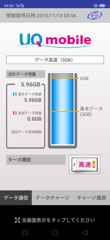 UQ mobileの「ポータルアプリ」がプリインストールされる。データ残量が確認できるほか、ターボ高速のON/OFFが切り替えられる
