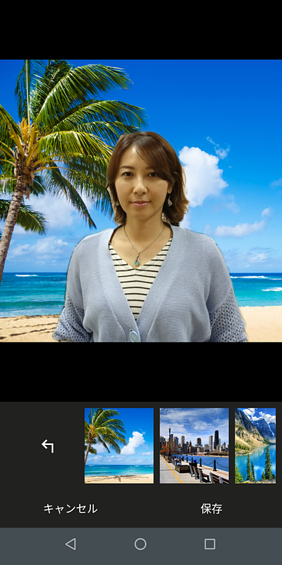 「ケータイしようぜ！」でおなじみの吉川ひとみさんにご協力いただき、カットアウトで撮影し、背景をビーチに差し替える編集画面