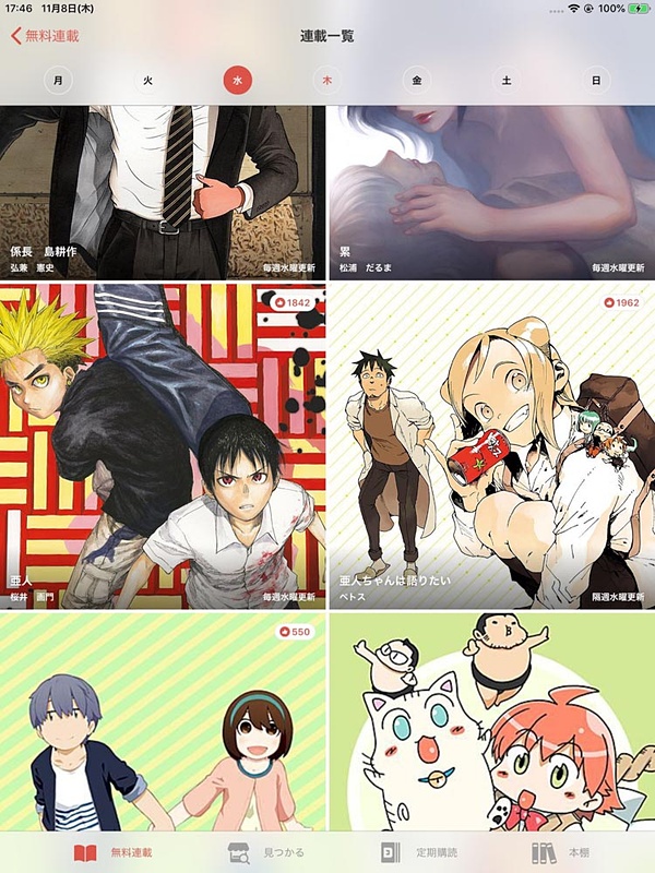 コミックDAYSには曜日ごとにいろいろな作品が連載されている。ちなみに「亜人」と「亜人ちゃんは語りたい」は同じ曜日掲載で名前も似てるが関連作品ではない。でも金曜隔週掲載の「寄生獣リバーシ」は木曜掲載の「寄生獣」のスピンオフ作品である