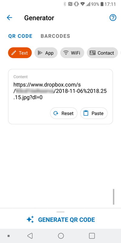 「QR Tools」を選ぶとリンク先アドレスがあらかじめ入力された画面に。「GENERATE QR CODE」でQRコードが表示される