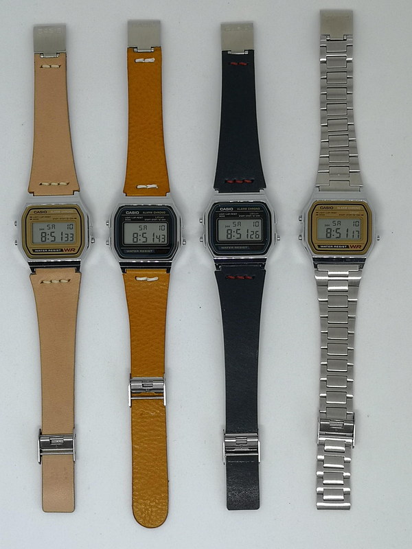 一般的には常識の組み合わせであるデジタル腕時計とステンレスベルトだが、革のベルトに変更することで大きくイメージが変化する。文字盤のカラーもベルトとの組み合わせで選びたくなる