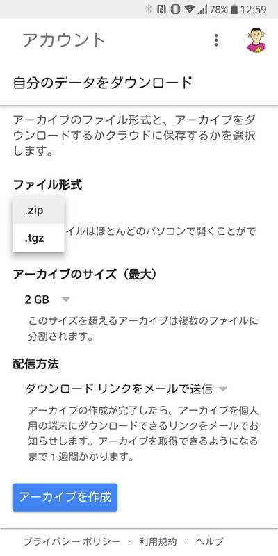 圧縮ファイル形式、1ファイルのサイズ上限もいくつかから選択可