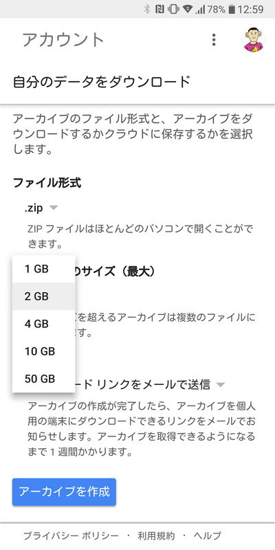 圧縮ファイル形式、1ファイルのサイズ上限もいくつかから選択可