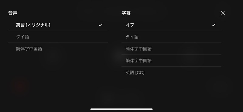 「Netflix」は映像を楽しめるものの、タイトルによっては音声と字幕でオリジナルのほかに、タイ語や中国語しか選ぶことができなかった