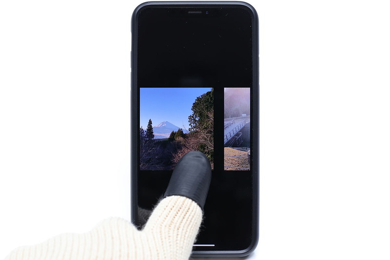 軍手に装着してテスト。このゴムっぽいタイプの指サックでも、スクロールや拡大縮小が問題なく行えました。