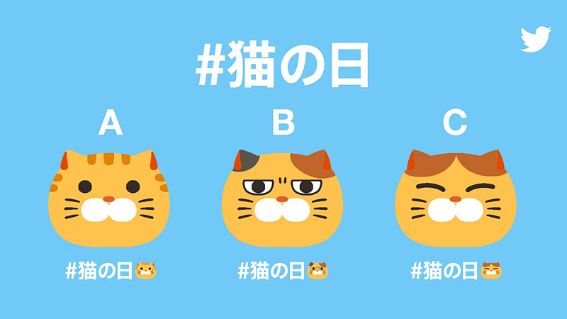 投票が行われている猫の絵文字。左から「トラ猫」「三毛猫」「ハチワレ」