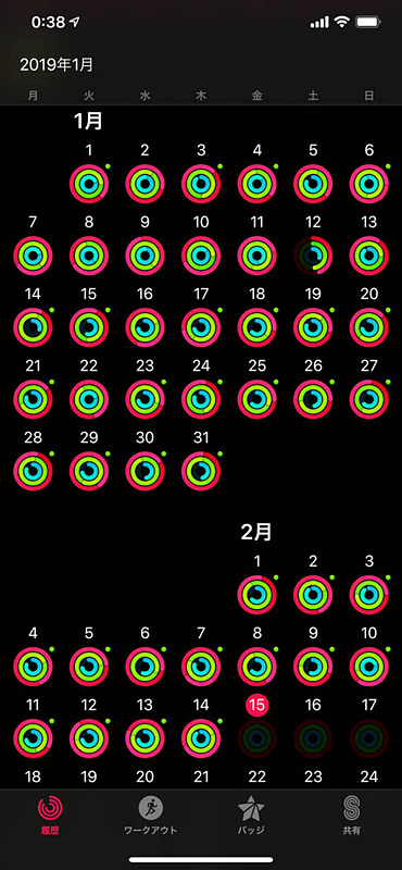 iPhone/Apple Watchのアクティビティ履歴。赤いリングが消費カロリー（ムーブ）で、1周している日が目標を達成している