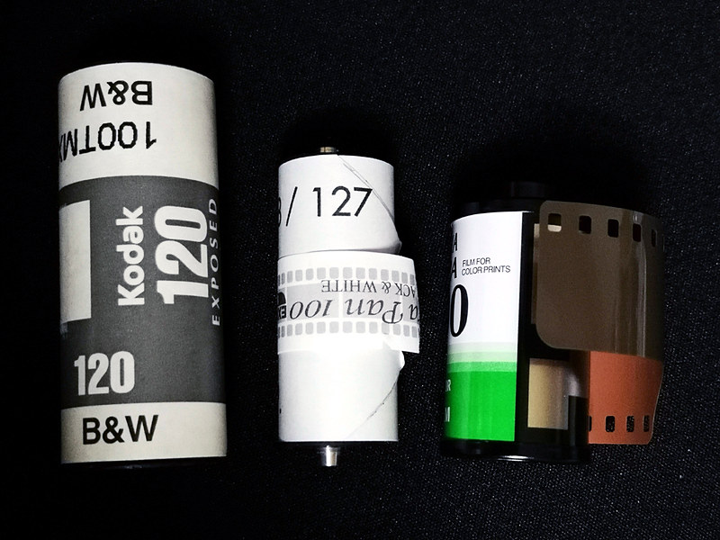 左から「120サイズ（6×6）」「127サイズ（4×4）」「35mmサイズ」。127は120より2cm短い。35mmが使い捨てカメラなどで使われているサイズ。