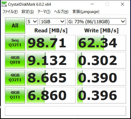 MRW-S1の結果。シーケンシャルリードは98MB/sとなり、SDカードのスペック以上の性能を引き出した