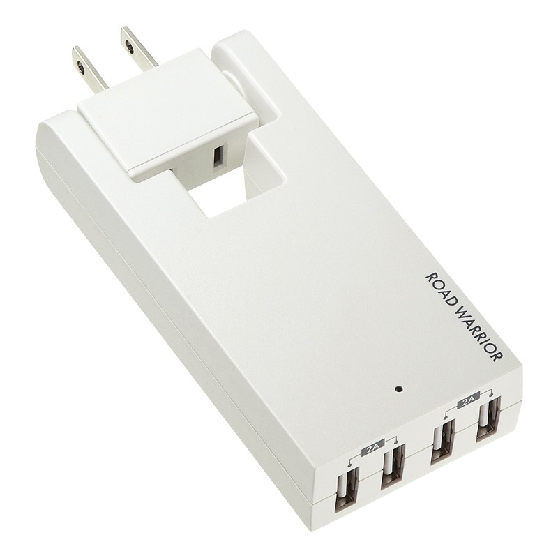 サンワサプライの「コンセント付USB充電器 TR-AD3USB」シリーズ（<a href="https://direct.sanwa.co.jp/ItemPage/TR-AD3USBW" class="strong bn" target="_blank">公式ページ</a>）。前出の「スイングUSB充電タップ TR-AD2USB」シリーズの4ポートバージョンです。2ポート毎の合計出力が2Aで、合計4A出力。サイズは幅51×奥行き109×高さ22.5mm。AC電源（コンセント）としても使用可能。100-240V対応で各国にて使えます。色はホワイトとブラックがあります。直販税込価格は3280円。