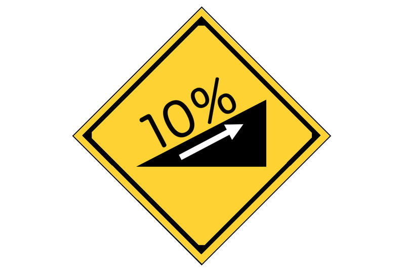 急坂によくある道路標識。これは「上り急勾配あり」の標識で、数値は勾配を示しています。なお、この図は自作なのでけっこうテキトーであり、本物と違う部分があるかもしれません。