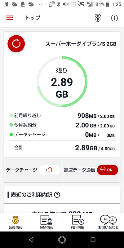 「楽天モバイルSIMアプリ」で毎月の支払額が「1757円」と表示されると、なんだかちょっと笑ってしまいました（左）、高速データ通信も若干使っているがこのペースなら翌月に2GB繰り越せそう。それを毎月繰り返して、繰り越し分だけを使い続ける、ってことを考えております（右）