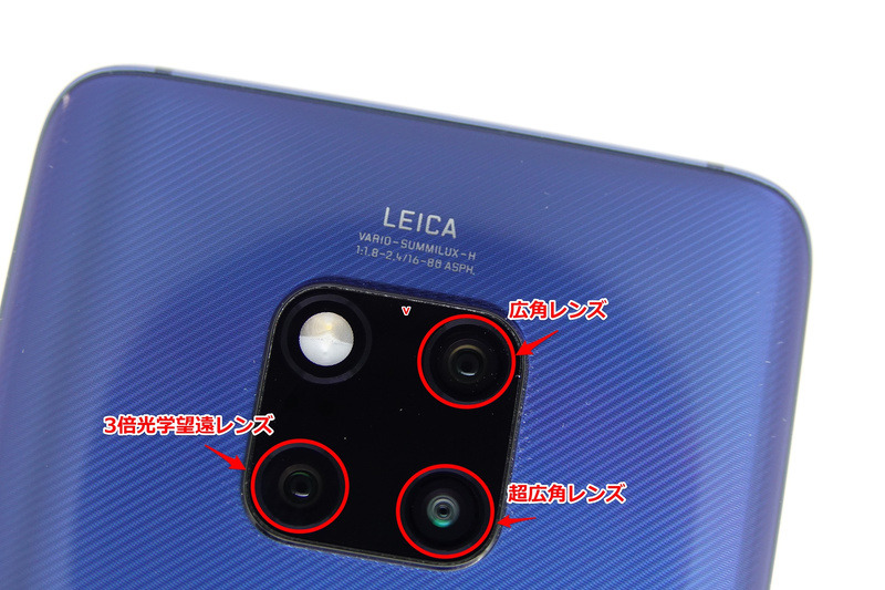 トリプルレンズの内訳は、右上から時計回りに広角レンズ、超広角レンズ、そして3倍光学望遠レンズ。それぞれ約4000万画素、約2000万画素、約800万画素だ