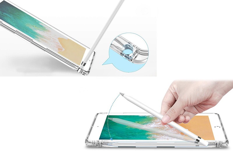 A-VIDETブランドのiPad mini 5用ケースで、799円で買いました。現在は在庫切れ・再入荷予定未定のようです。TPU素材ケースで、画面左側に第1世代Apple Pencilを格納できます。Apple Pencilの出し入れは容易で、軽く押し込むように入れ、背面の穴を使って押し出せます。ペン保持部にペンを立てる穴があります。ケースの構造上、iPad Smart Coverは装着で不可。全体的に厚めのケースで、iPad mini 5のスリム感はスポイルされがち。その一方で、ケース自体が厚手であり画面側のエッジの張り出しも大きめなので、端末の保護性は高いです。左側のペン保持部が出っ張っているので、そこに指をかけて端末を保持できるのもちょっと便利。なお、Amazonで「iPad mini 5Apple Pencilケース」をキーワードとして検索すると、本品とよく似た製品を見つけられます。