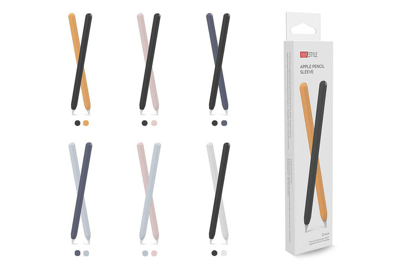 こちらはAhaStyleブランドの第2世代Apple Pencil用ケース。2本（2色）セットで899円でした。上のケースよりさらに少し薄手で、極薄レベルのケース型グリップです。こちらも、ケースに入れた状態で充電あペアリングができ、そのときの吸着力も十分強いと感じられます。第2世代Apple Pencilが無駄に太くなり過ぎたりせず、持った感じも好印象。カラーバリエーションも豊富ですね。コストパフォーマンスが高いケースだと感じられます。