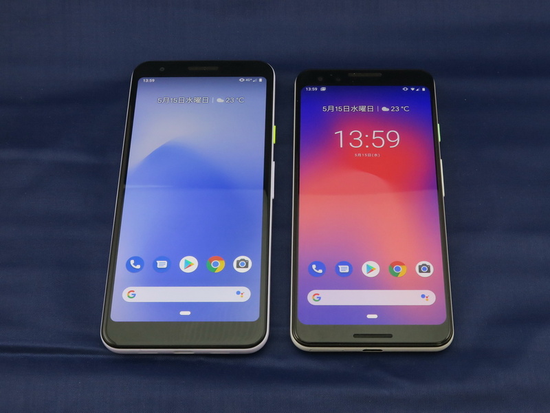 Pixel 3a（左）とPixel 3の本体前面。ディスプレイサイズが少し縦長に大きくなり、それに伴い、ボディも6mmほど長くなっている