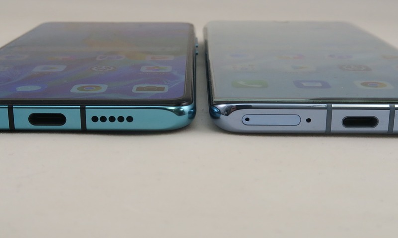 HUAWEI P30 Pro（右）は市販の保護ガラスを貼付したため、少し差がわかりにくいが、HUAWEI P30（左）のフラットな画面に対し、HUAWEI P30 Proは側面へ湾曲している