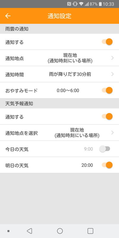 雨が降り出す5分前、15分前、30分前、45分前のいずれかのタイミングで通知できる
