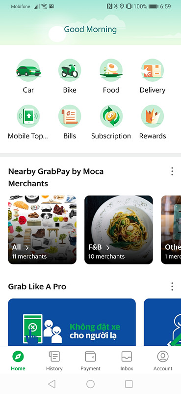 「Grab」アプリのトップ画面。食べ物の出前にも使えるようだ