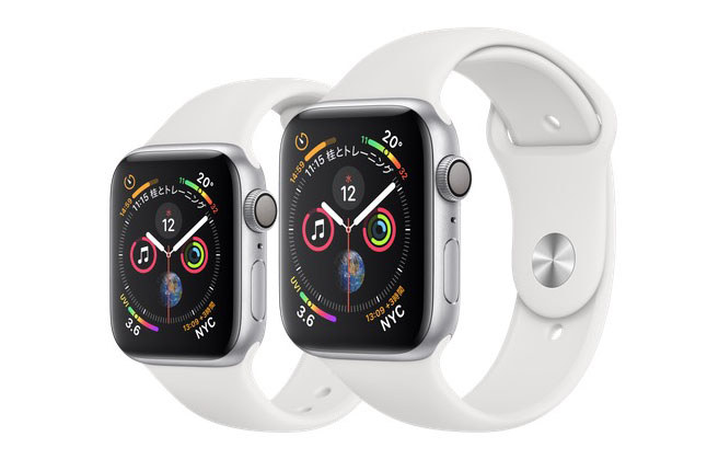 アップルの「Apple Watch Series 4」。サイズ・素材・カラーなどの違いで多数のバリエーションがありますが、スマートウォッチとしては大きく分けて「GPSモデル」と「GPS ＋ Cellularモデル」の2種類があります。筆者は右写真の「Apple Watch Series 4 シルバーアルミニウムケースとホワイトスポーツバンド 44mm GPSモデル」を購入しました。アップルストア価格は税別4万8800円。