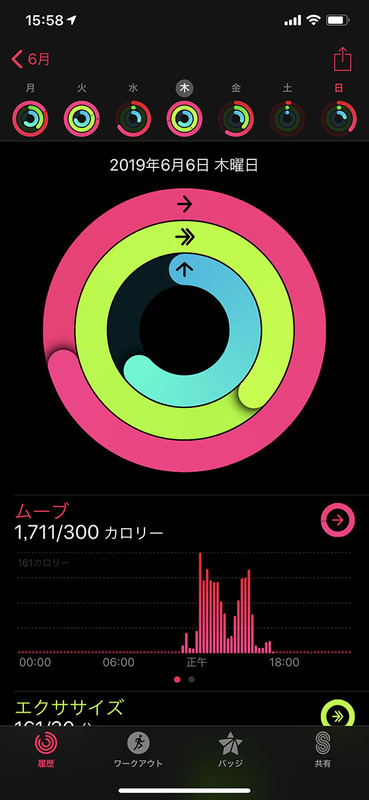 Apple Watch Series 4が計測した活動量は、iPhoneアプリのアクティビティで確認できます。どの日にどの程度活動したかひと目でわかり、それぞれの日の詳細な活動内容も閲覧できます。