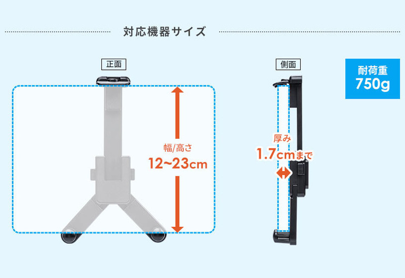幅もしくは高さが12〜23cmで厚みが1.7cmまでの端末に対応しています。試してみたところ、iPad Pro 11インチもセットできました。
