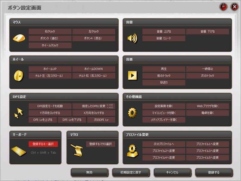 ボタンの割当には、基本的なキー操作やマルチメディア関連の機能に加えて、複数キーのコンビネーションやマクロも登録できる
