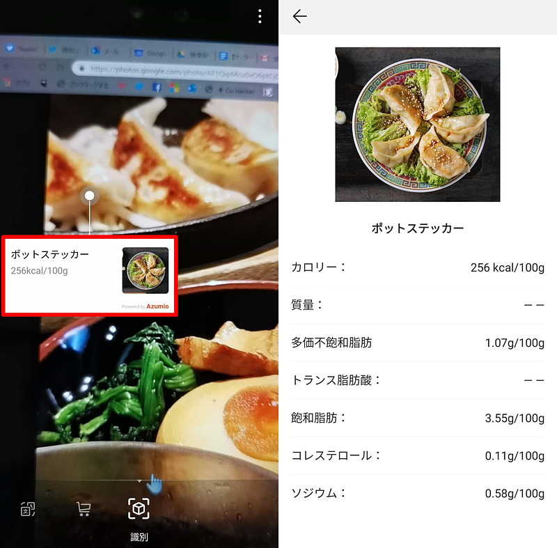 「ポットステッカー」と判断されたらしく、表示されたARのウィンドウをタップしたところポットステッカーの詳細情報を見ることができた。ちなみに、ポットステッカーとは餃子のこと