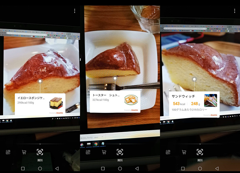 どれも同じチーズケーキの写真だが、角度によって判定はさまざま。そしてなぜか最も遠い「サンドウィッチ」のカロリー表示が自信満々気味