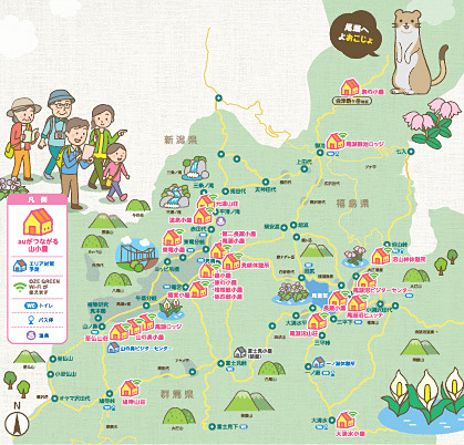 尾瀬国立公園内の山小屋とau携帯電話のエリア状況を掲載した地図