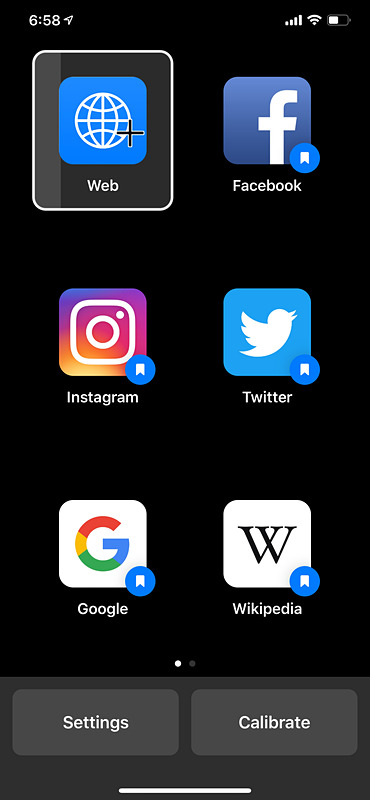キャリブレーション後、利用したいサービスを選ぶしくみ。目的の箇所に視線をあわせてしばらくキープすると、タップされ次の画面に進める