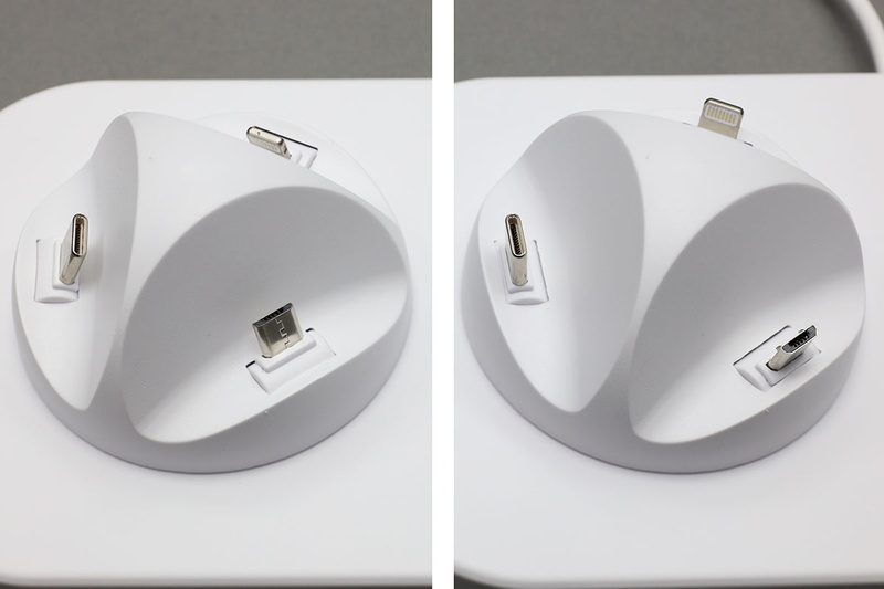 Lightning/microUSB/USB Type-Cのコネクタがある台座部は約360°回転します。また各コネクターは前後に傾けられます。充電ステーシン自体がわりと余裕があるサイズなので、端末をセットしやすいという印象。