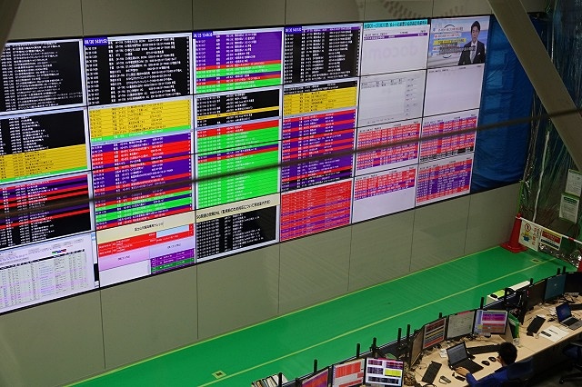 基地局の状態が大型ディスプレイに表示されている