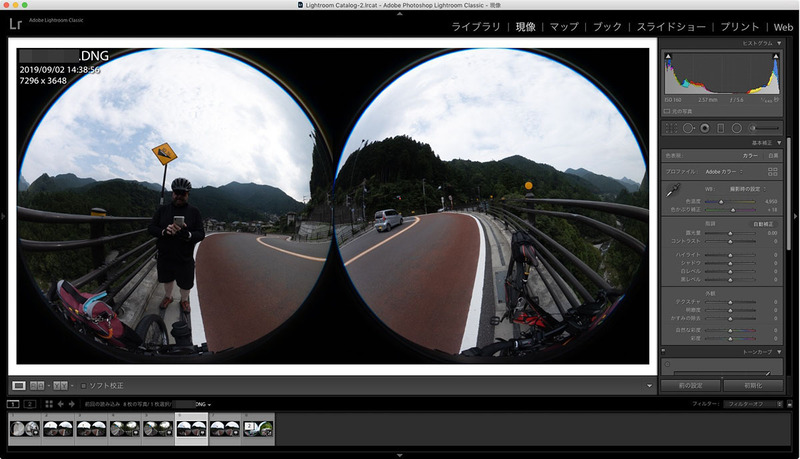 左はAdobe Photoshop Lightroom Classic CCでTHETA Z1のRAW(DNG)画像を読み込んだ様子。右は現像中の様子。THETAからPCへの画像転送の一手間がありますが、その後はLightroomで普通のデジカメのRAW現像を行うのと手順は同じです。ただ画像が丸いので見づらいは見づらいですが。ちなみにRAW現像とは、カメラが捉えた全ての情報を保持する元データ(RAWファイル)を自由に調整し、好みの色調や明暗階調などを表現できる処理方法です。JPEG画像を調整しても好みの色調・明暗階調などに近づけられますが、カメラが自動的に調整処理をして生成したJPEG画像は元データから多くの情報が失われているので、RAW現像ほど柔軟で幅広い調整は行えません。