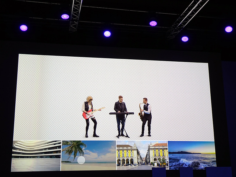 複数の人物を同時に認識し、背景を差し替えた。写真の人物は元々は5人いたが、2人だけカットされている