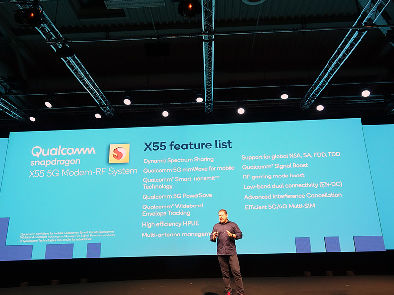 「Snapdragon X55 5G Modem」が対応する機能が、リストで示された$$