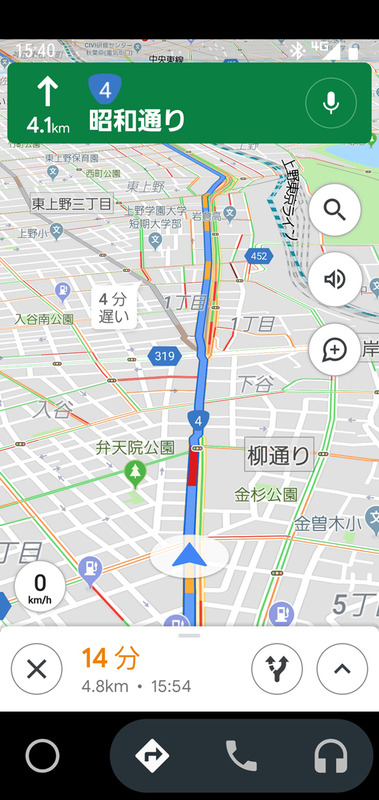 ナビ実行中の地図画面。左下に速度が表示されています（この画像では0km/h）