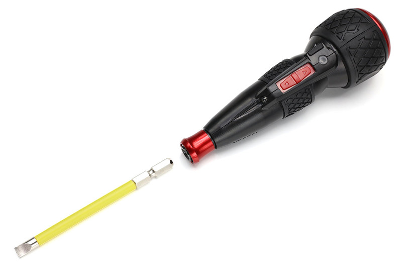 ベッセルの「電ドラボール」。形状的にはボールグリップドライバーで、先端は標準的なビット（対辺6.35mm/片頭・両頭ビット）と交換して使えます。赤いスライドスイッチにより、ビットが自動回転（正転/逆転）し、自動回転しない状態では普通のドライバーと同様に力を込めての手動ネジ回しを行えます。