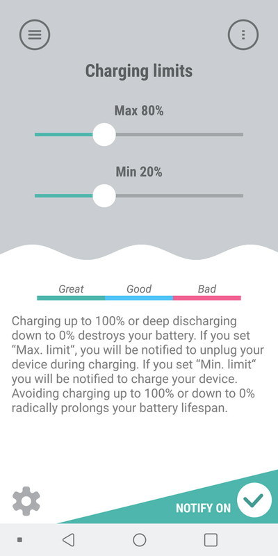 充電時の最大値と放電時の最小値を設定。バッテリー残量がその値になったときにアラームや通知で知らせてくれる