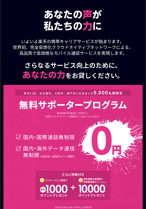 楽天モバイルの無料サポータープログラムに申し込んでみた