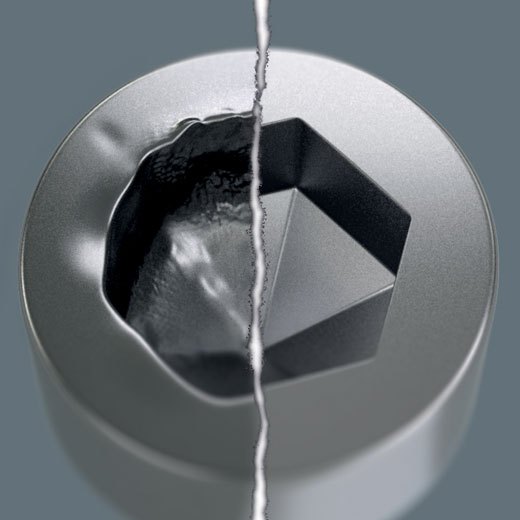 Hex-Plusのイメージ図。左が普通の六角レンチで、右がHex-Plus。普通の六角レンチはネジ穴に点で接触するのに対し、Hex-Plusは面で接触。これによりネジが傷まずトルクもしっかりかかるというわけです。