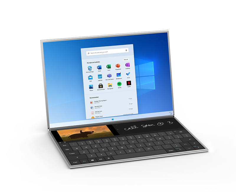 Surface Neoの製品写真。キーボードは手前側にあり、その上のエリアはセカンドディスプレイとして利用可能。手書き入力もサポートされる