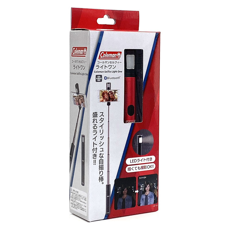コールマンセルフィーシリーズの「セルフィーライトワン」。自撮り棒に脱着式のLEDライトが付いた製品です。ベルボンダイレクト楽天市場店税込価格は3190円。