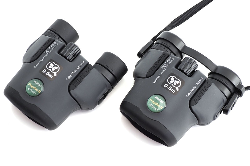 倍率違いで2種類あり、「Papilio II 8.5x21」が倍率8.5倍、「Papilio II 6.5x21」が倍率6.5倍。普通の双眼鏡として使えるのに加え、上部のシールのとおり、0.5mからピントが合う「マクロ観察」に強い双眼鏡です。実勢価格は「Papilio II 8.5x21」が1万4000円前後、「Papilio II 6.5x21」が1万2000円前後。