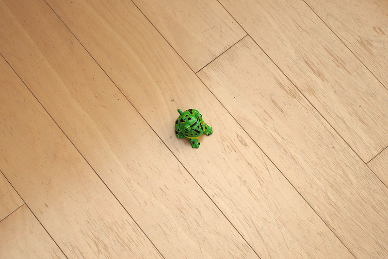 立ったまま床の生物を見た様子。生物っていうかカエルのオモチャですが、イメージということでヒトツ。目から生物までは1.5mくらいの距離があります。左がその時の視野のイメージで、中央と右が6.5倍や8.5倍のPapilio IIで観察したイメージです。地面の草花や生物を立ったままジックリ観察可能。ラクな姿勢でルーペ的に対象を観察したり、近づけない対象をやはりルーペ的に観察したりできますので、非常に幅広い用途に使えます。