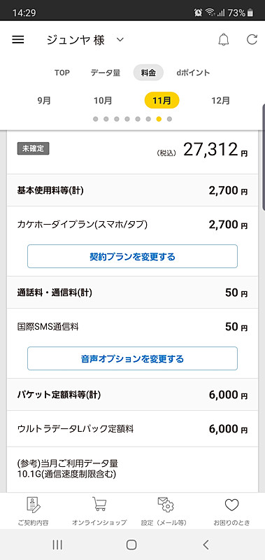 11月の料金。2万円を超えているのは、d払い（iD、コード決済、ネット払い含む）が約1万5000円ぶんあるためだが、それでも10月より料金は大きく上がっている
