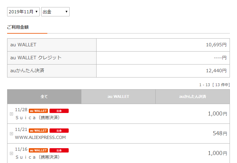 11月16日に1000円、28日に1000円というのがSuicaにチャージした記録です