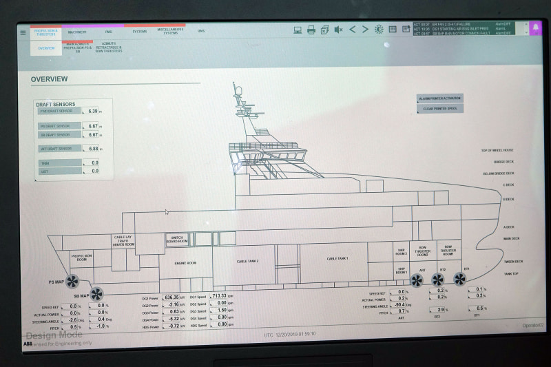 船内の様子をブリッジ内のモニターでチェック
