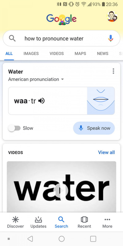 Google 検索の発音練習機能。2019年12月現在、環境によってはAndroidでOSの言語を英語に設定したうえで、検索ページでアメリカ英語を選ぶ必要がある