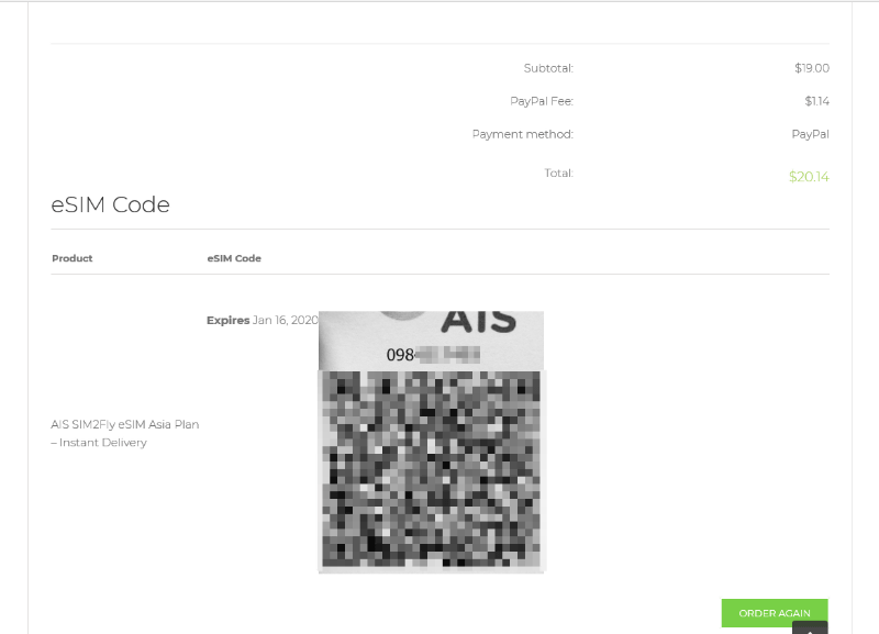 「eSIM2Fly Shop」で申し込むと、端末に登録するときに使うQRコードがメールで贈られてくる。支払い額はPayPalの手数料を含め、約20米ドル